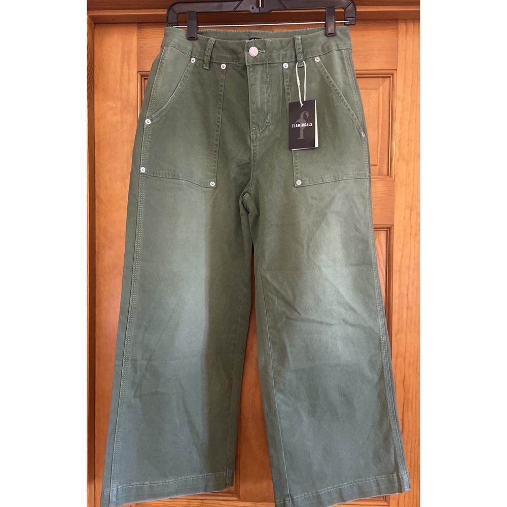 Flamingals Women's Green Wide Leg Utility Cargo Pants High Rise Sz Medium